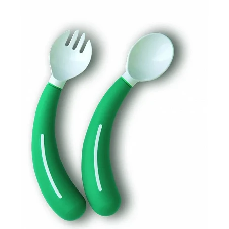 Tenedor y cuchara para niños zurdos Color verde