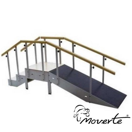 Escalera con rampa metálica tres escalones con pasamanos