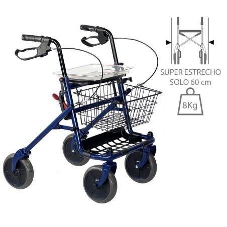 Rollator plegable con manetas de frenos autoblocantes de seguridad, cesta de la compra y bandeja desmontable